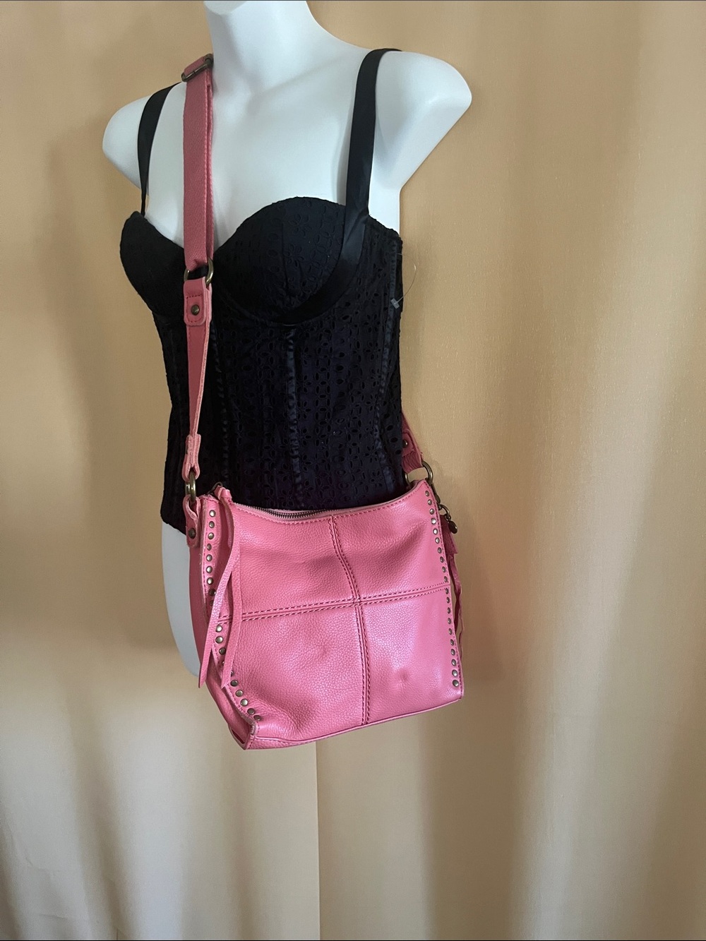 The Sak Pink Pebbled Leather Crossbody with Stud Accents